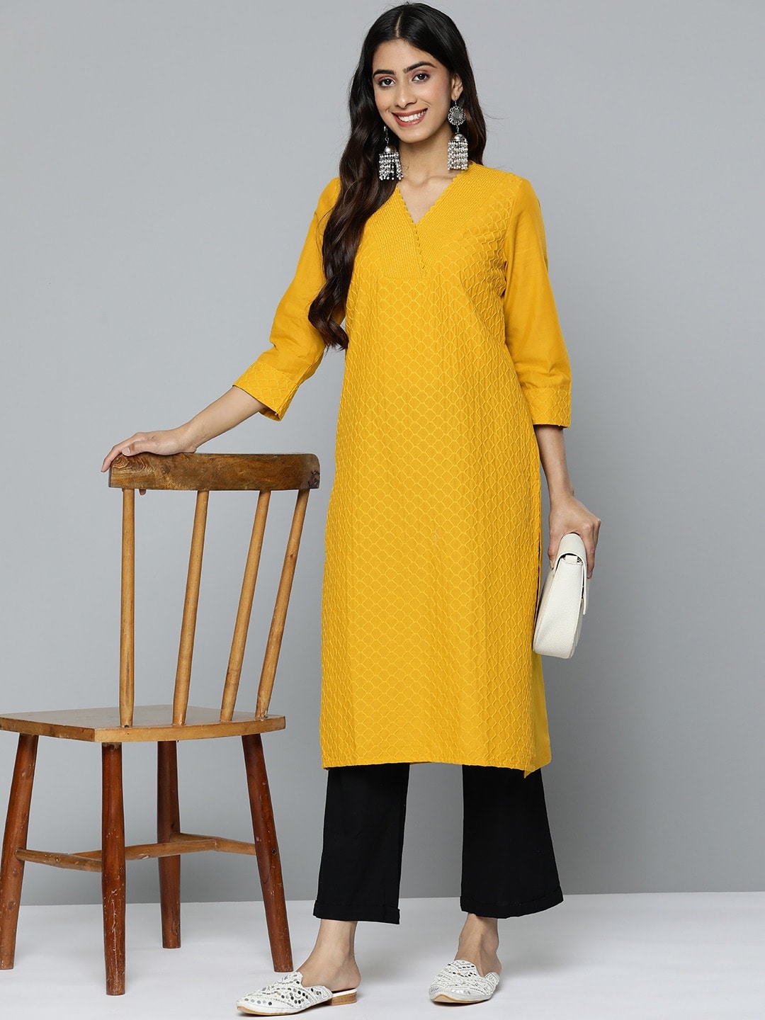 HERE&NOW Women Geometric Embroidered Kurta | Grocsy