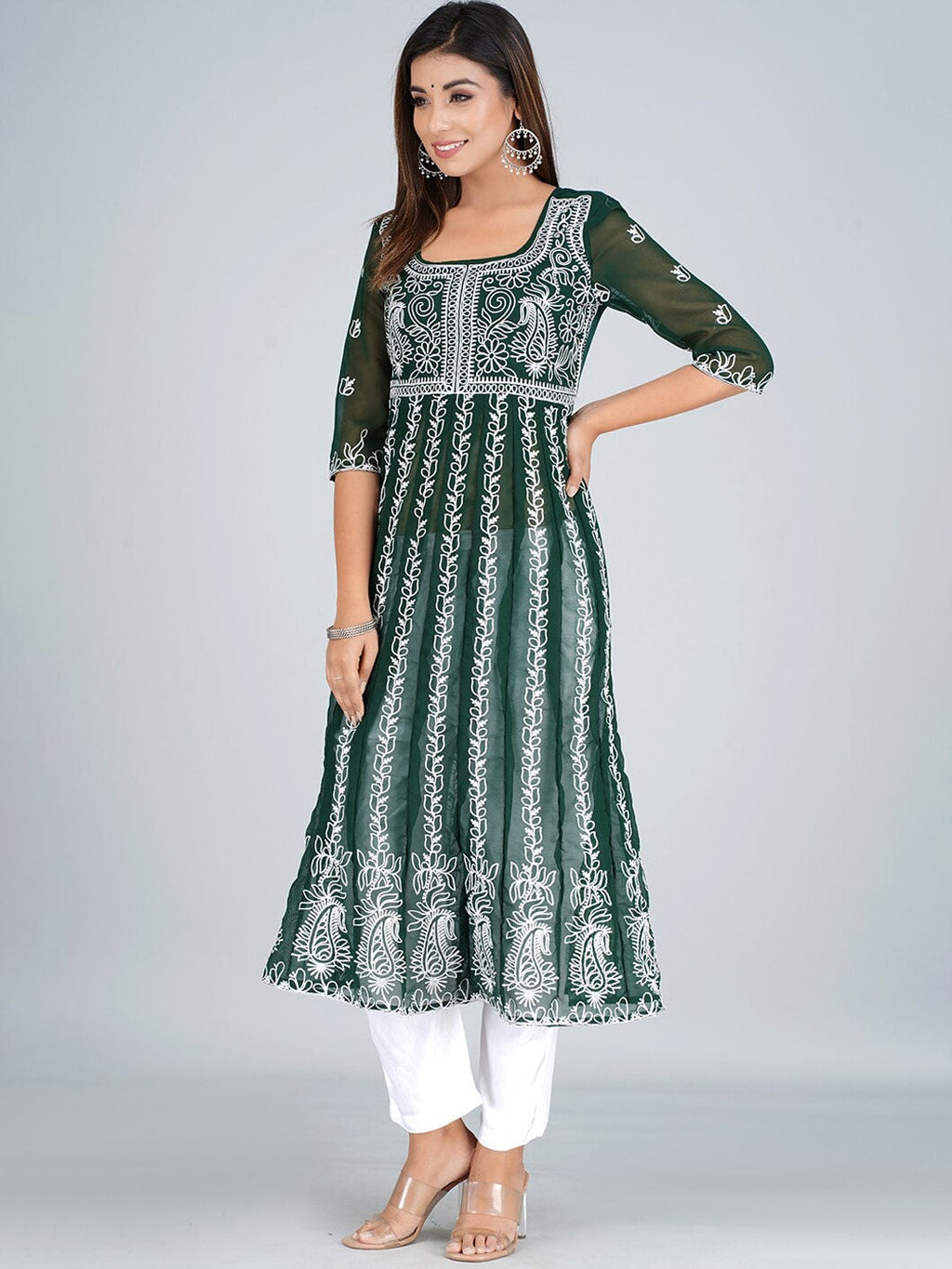 HERE&NOW Ethnic Motifs Embroidered Square Neck Georgette Anarkali Kurta | Grocsy