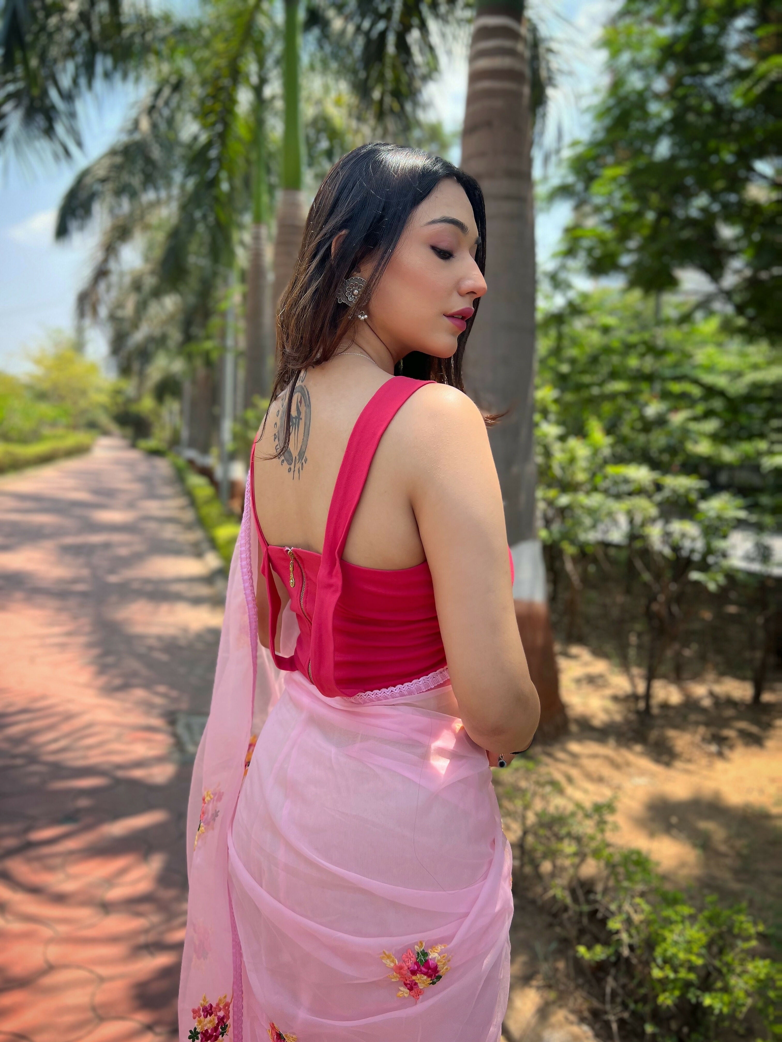 Vamsee Red-Garden Pink Organza Saree | Grocsy