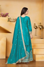 Teeya Creation Teal Color Natural Crepe Silk Wedding Wear Trending Palazzo Set | Grocsy