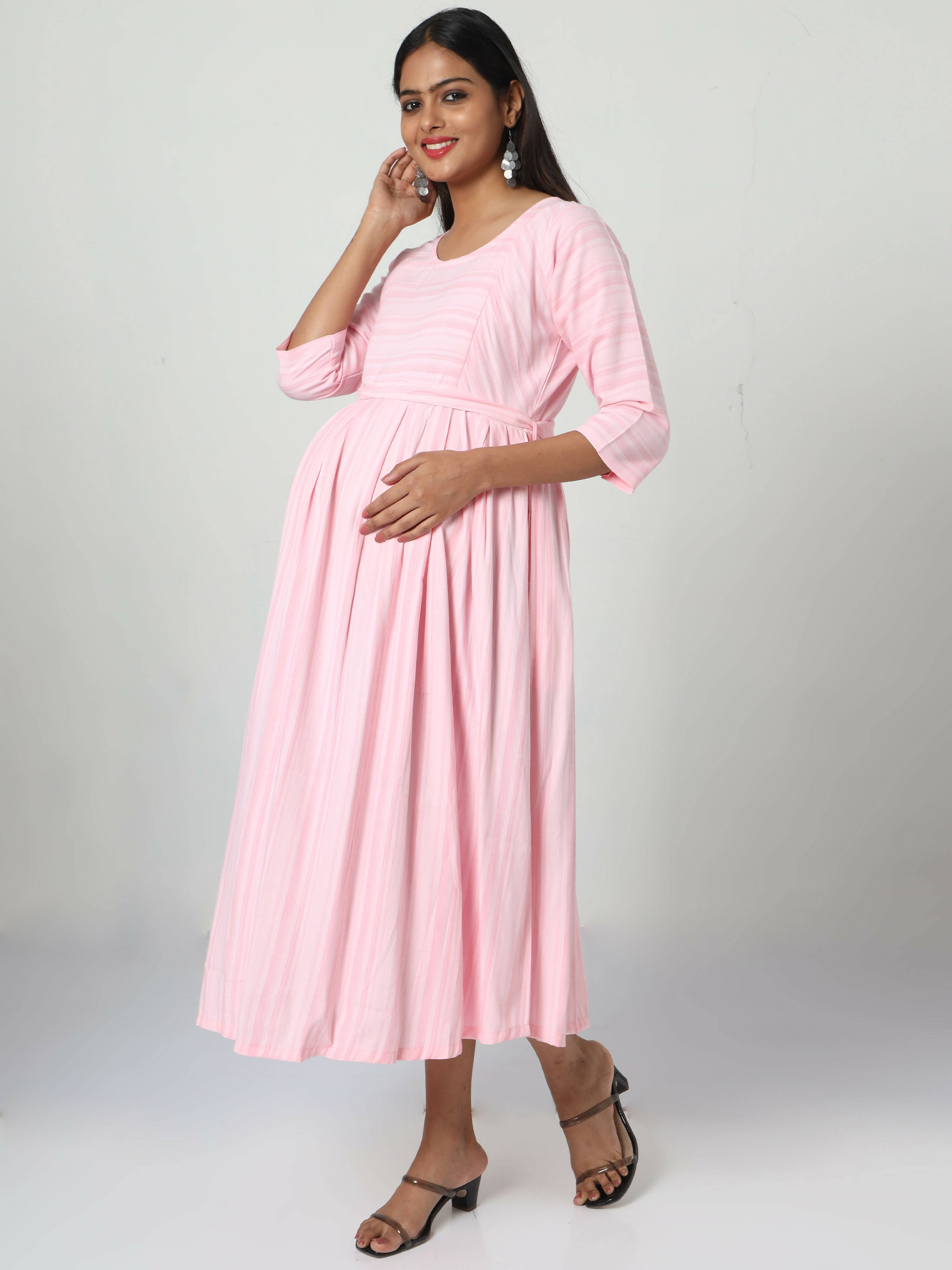 Manet Three Fourth Maternity Dress Striped With Concealed Zipper Nursing Access - Pink | Grocsy