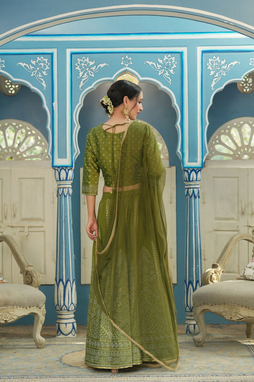 Juniper Green Bandhani Printed Shantoon Slub Lehenga Choli & Net Dupatta Set. | Grocsy