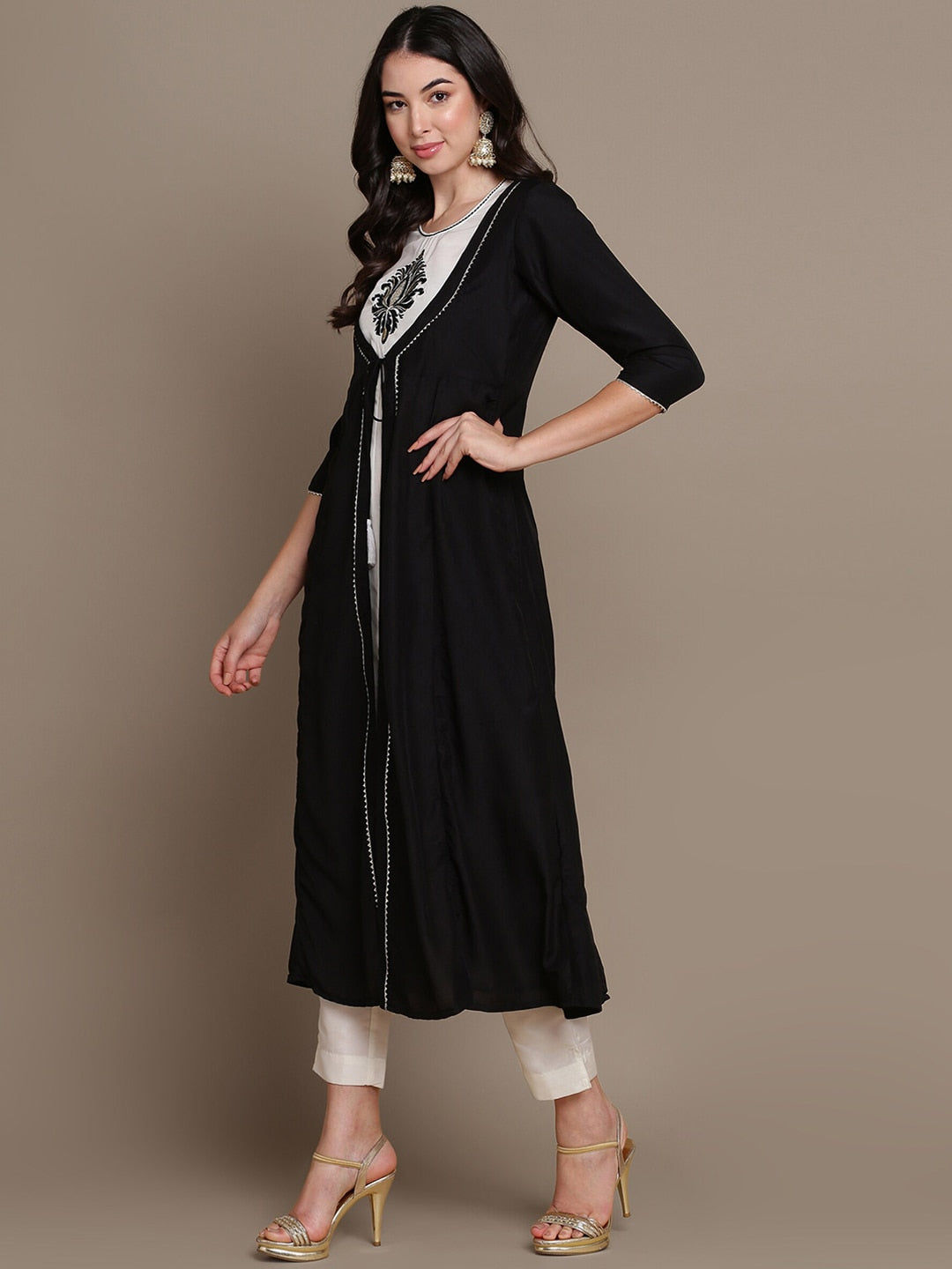 HERE&NOW Ethnic Motifs Embroidered Layered A-Line Cotton Kurta | Grocsy