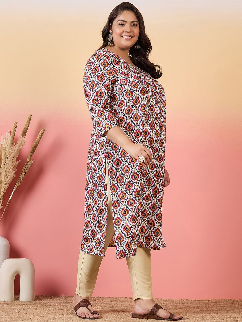 Sztori Plus Size Ethnic Motifs Printed V-Neck Crepe Straight Kurta | Grocsy
