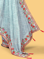Sangria Grey & Red Geometric Embroidered Organza Sungudi Sarees | Grocsy