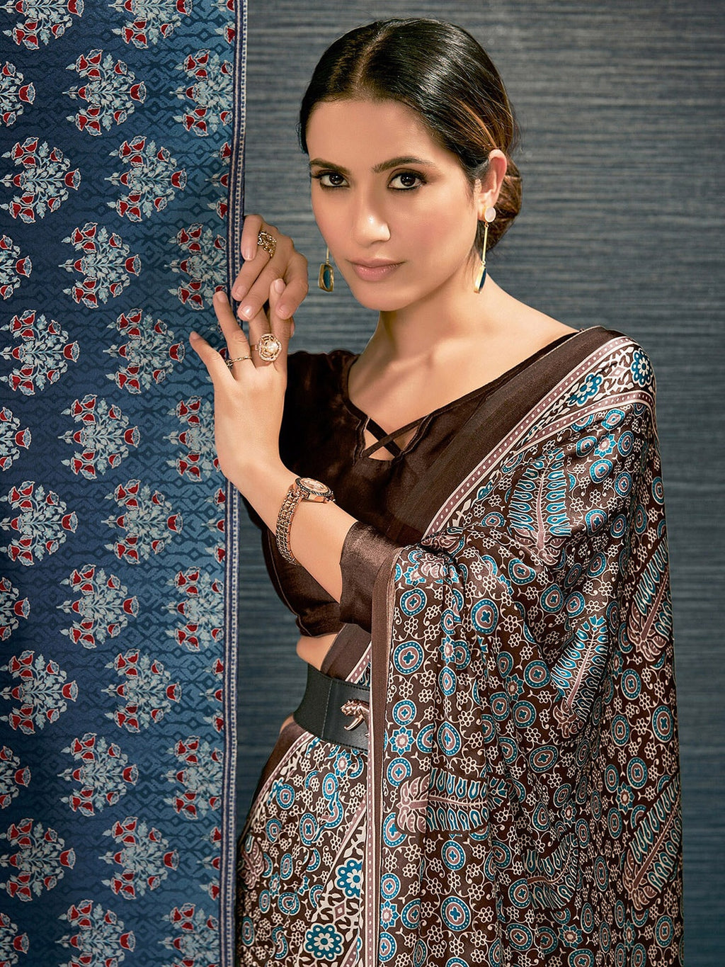 Saree Mall Brown & Blue Ethnic Motifs Printed Pure Crepe Block Print Saree | Grocsy