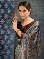 Saree Mall Brown & Blue Ethnic Motifs Printed Pure Crepe Block Print Saree | Grocsy