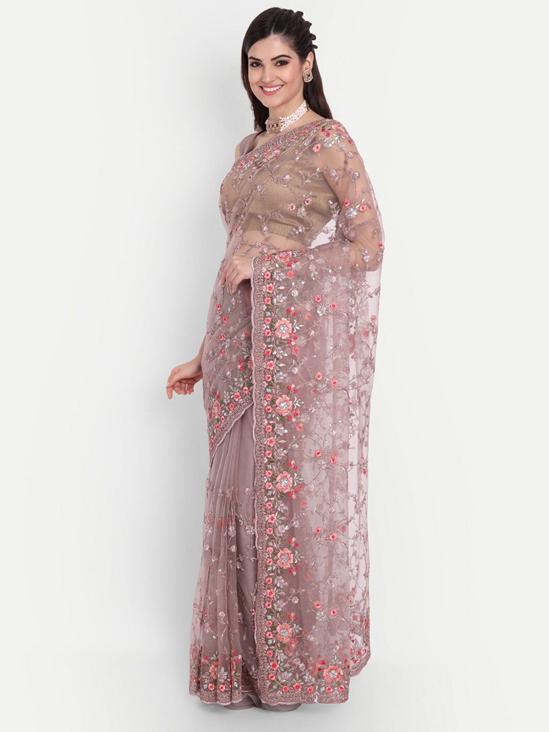 kasee Kasee Lavender & Red Floral Embroidered Net Saree | Grocsy