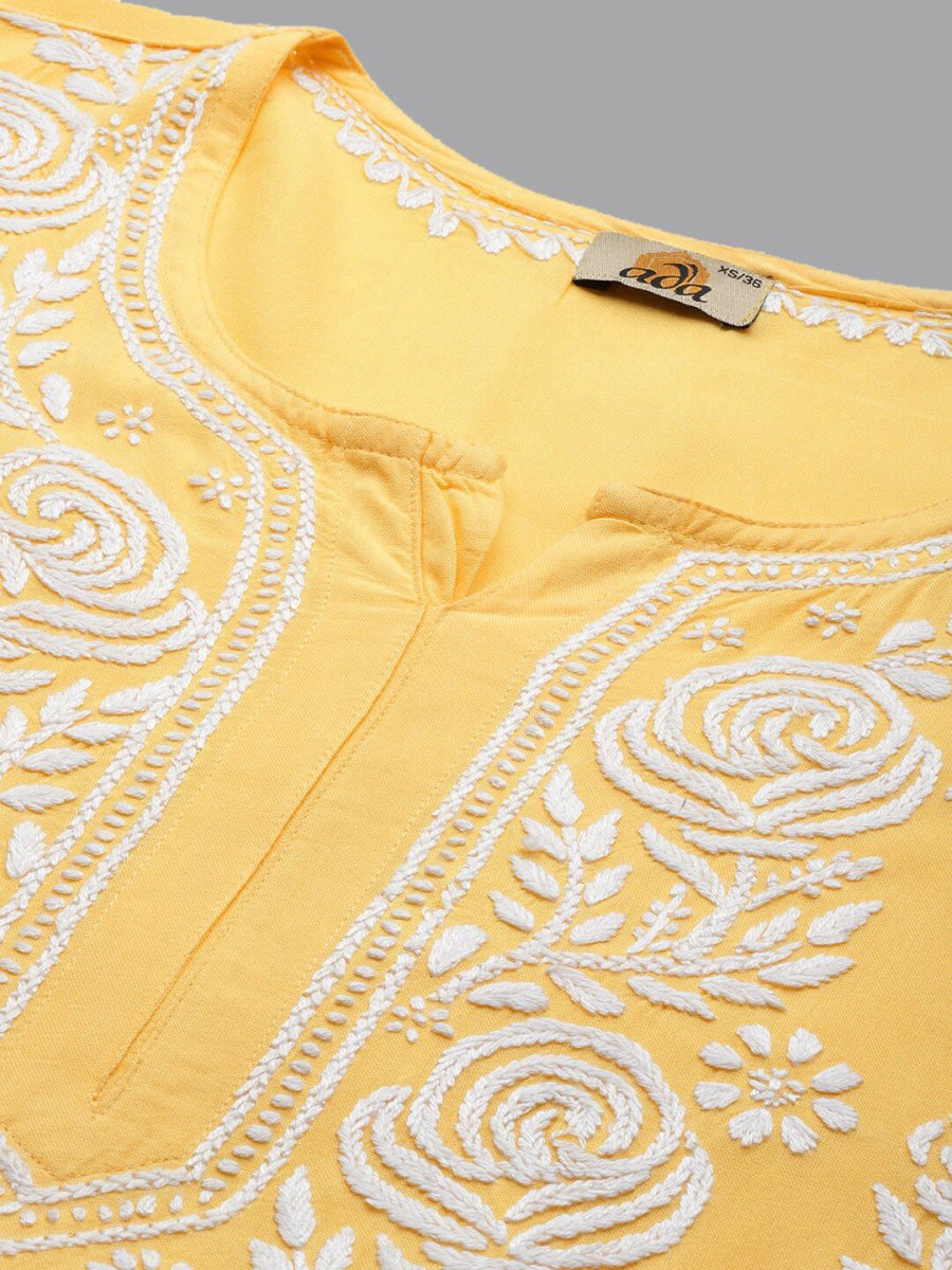 ADA Floral Embroidered Lucknowi Chikankari Cotton Silk Straight Kurta | Grocsy