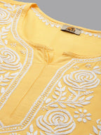 ADA Floral Embroidered Lucknowi Chikankari Cotton Silk Straight Kurta | Grocsy