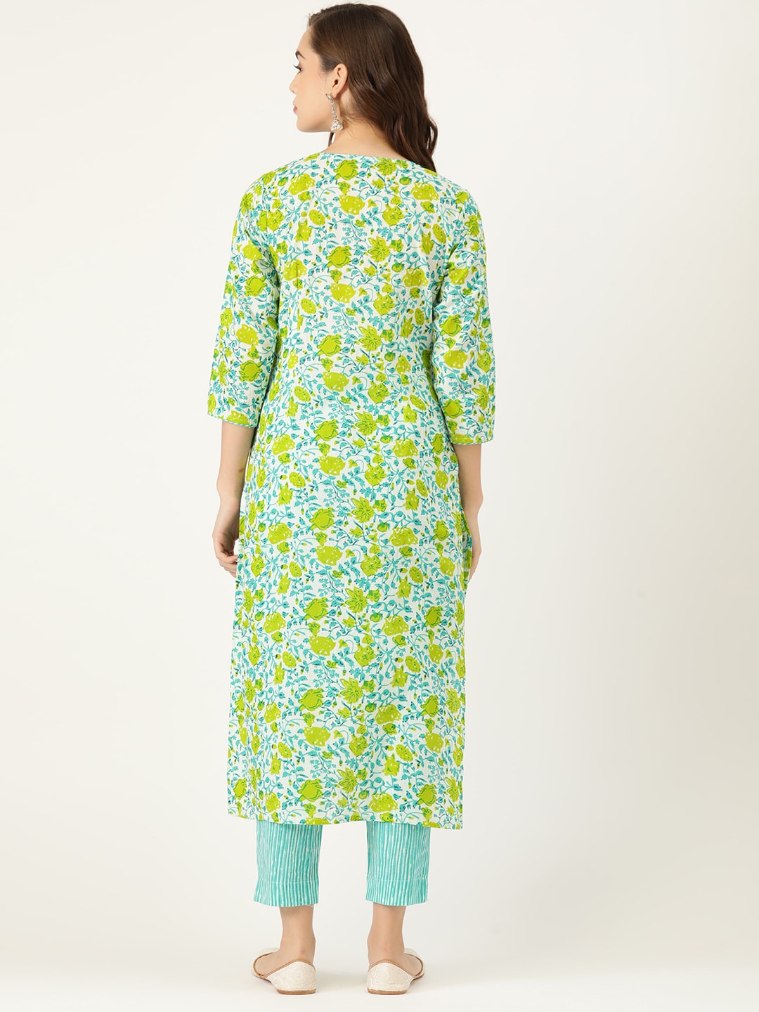 Sangria Women Blue & Yellow Floral Printed Pure Cotton Kurta with Trousers | Grocsy