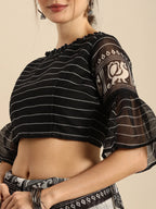 Sangria Black & Grey Ethnic Motifs Zari Pure Linen Saree | Grocsy