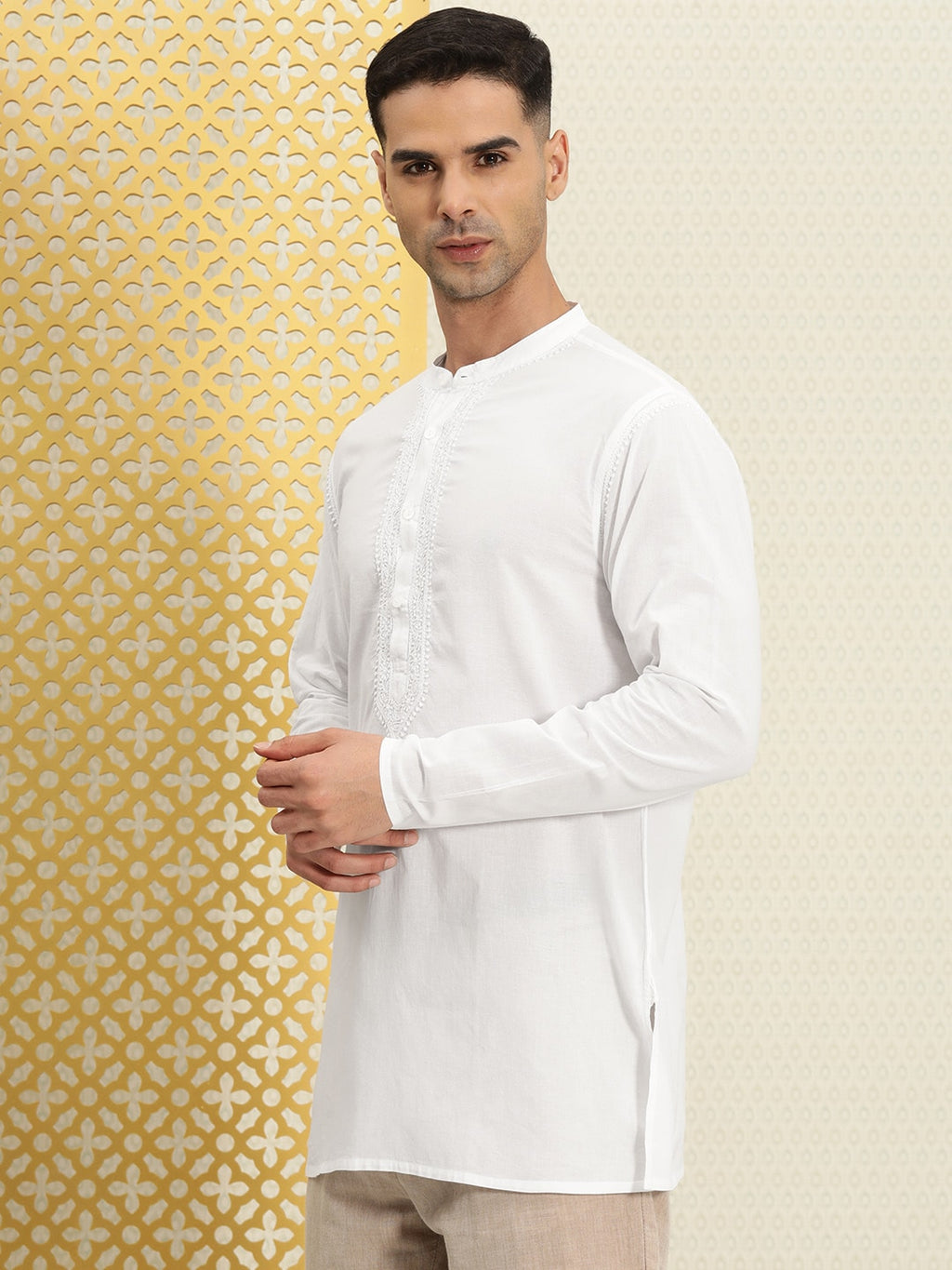 House of Pataudi Men Pure Cotton Solid Chikankari Jashn Short Kurta | Grocsy