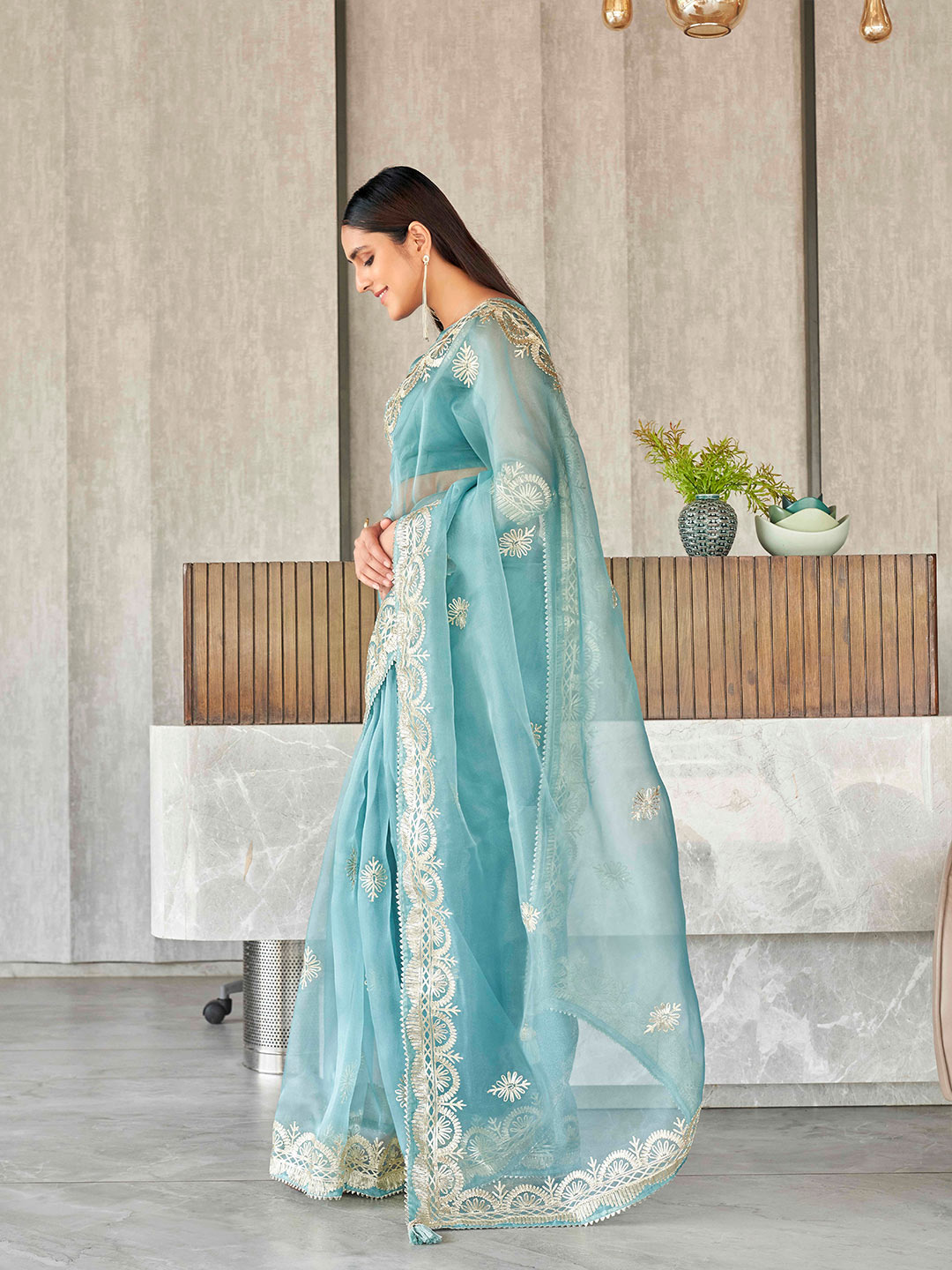 Tikhi Imli Floral Gotta Patti Organza Heavy Work Saree | Grocsy