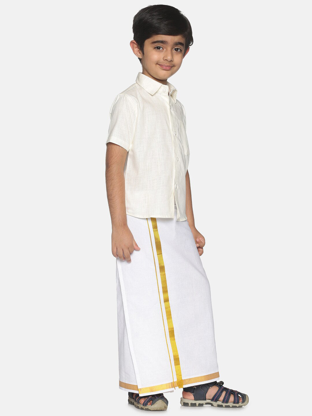 Sethukrishna Boys Cream-Coloured & Gold-Toned Pure Cotton Shirt with Dhoti | Grocsy