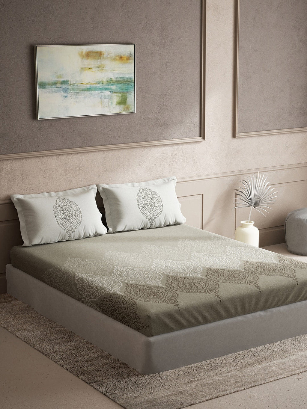 DDecor Grey & White Ethnic Motifs Cotton 140 TC Queen Bedsheet With 2 Pillow Covers | Grocsy