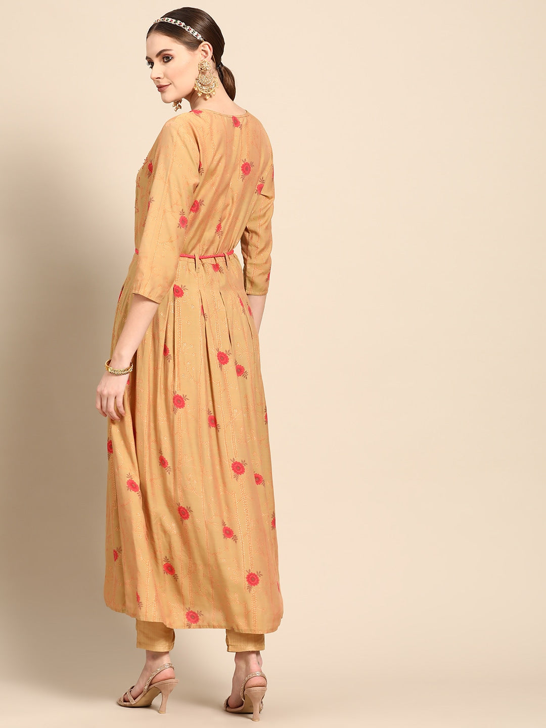 Sangria Women Mustard Yellow & Pink Ethnic Motifs Embroidered Mirror Work Anarkali Kurta | Grocsy