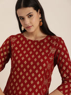 Sangria Women Maroon & Gold-Toned Ethnic Motifs Printed Kurta | Grocsy