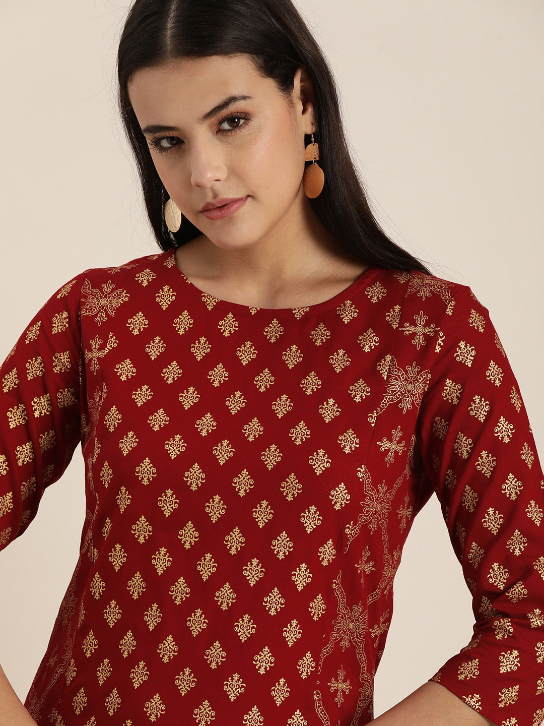 Sangria Women Maroon & Gold-Toned Ethnic Motifs Printed Kurta | Grocsy