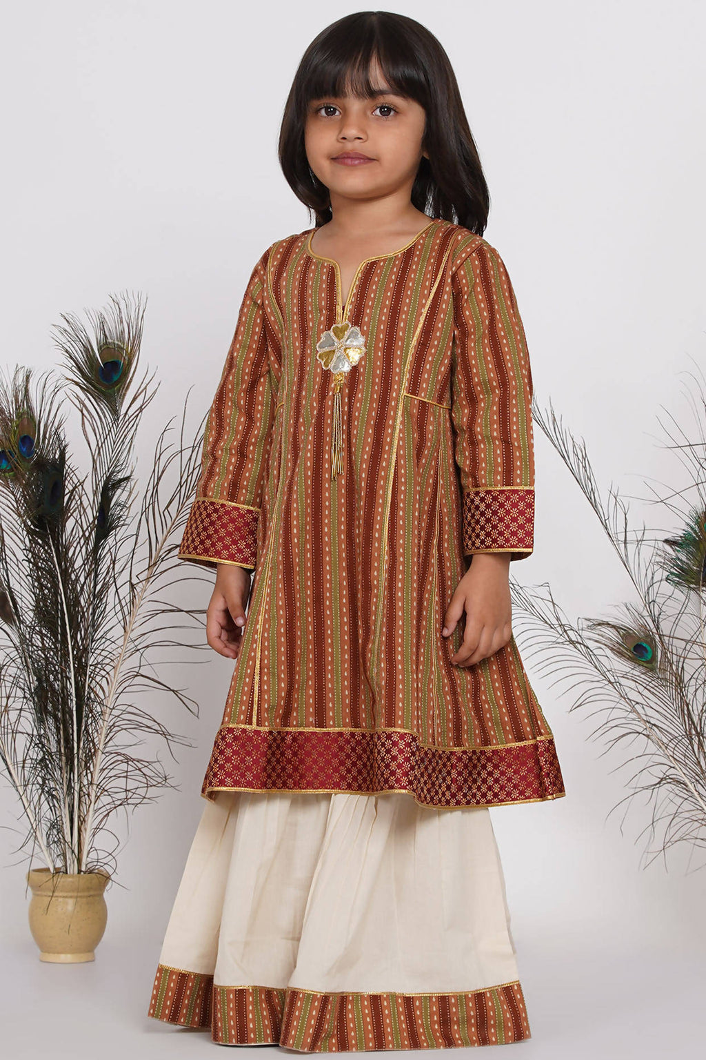 Little Bansi Girls Cotton Kurta frock with Sharara & Dupatta - Brown & Cream | Grocsy