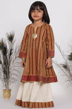 Little Bansi Girls Cotton Kurta frock with Sharara & Dupatta - Brown & Cream | Grocsy