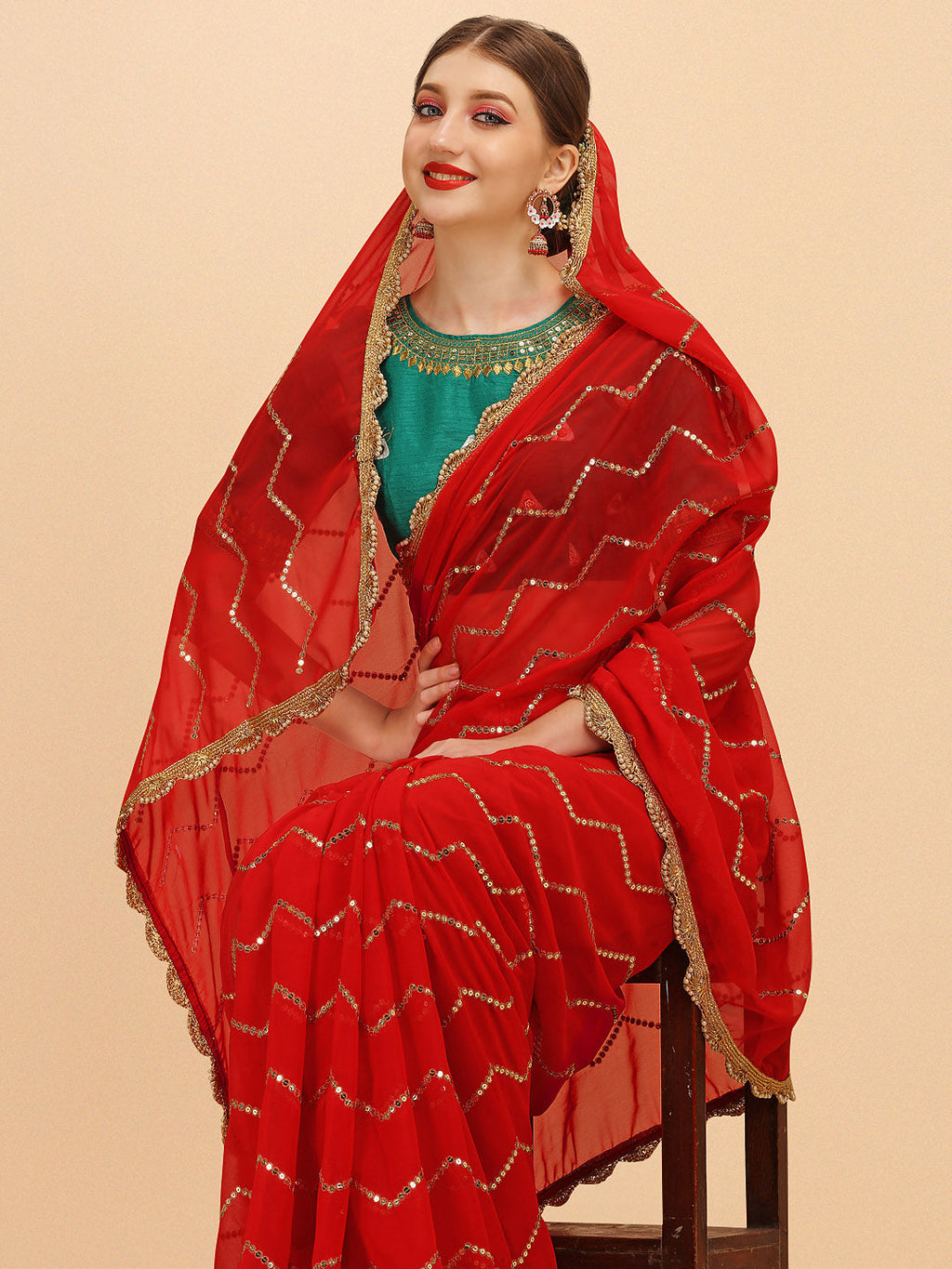 Sangria Red Embellished Sequinned Pure Georgette Saree | Grocsy