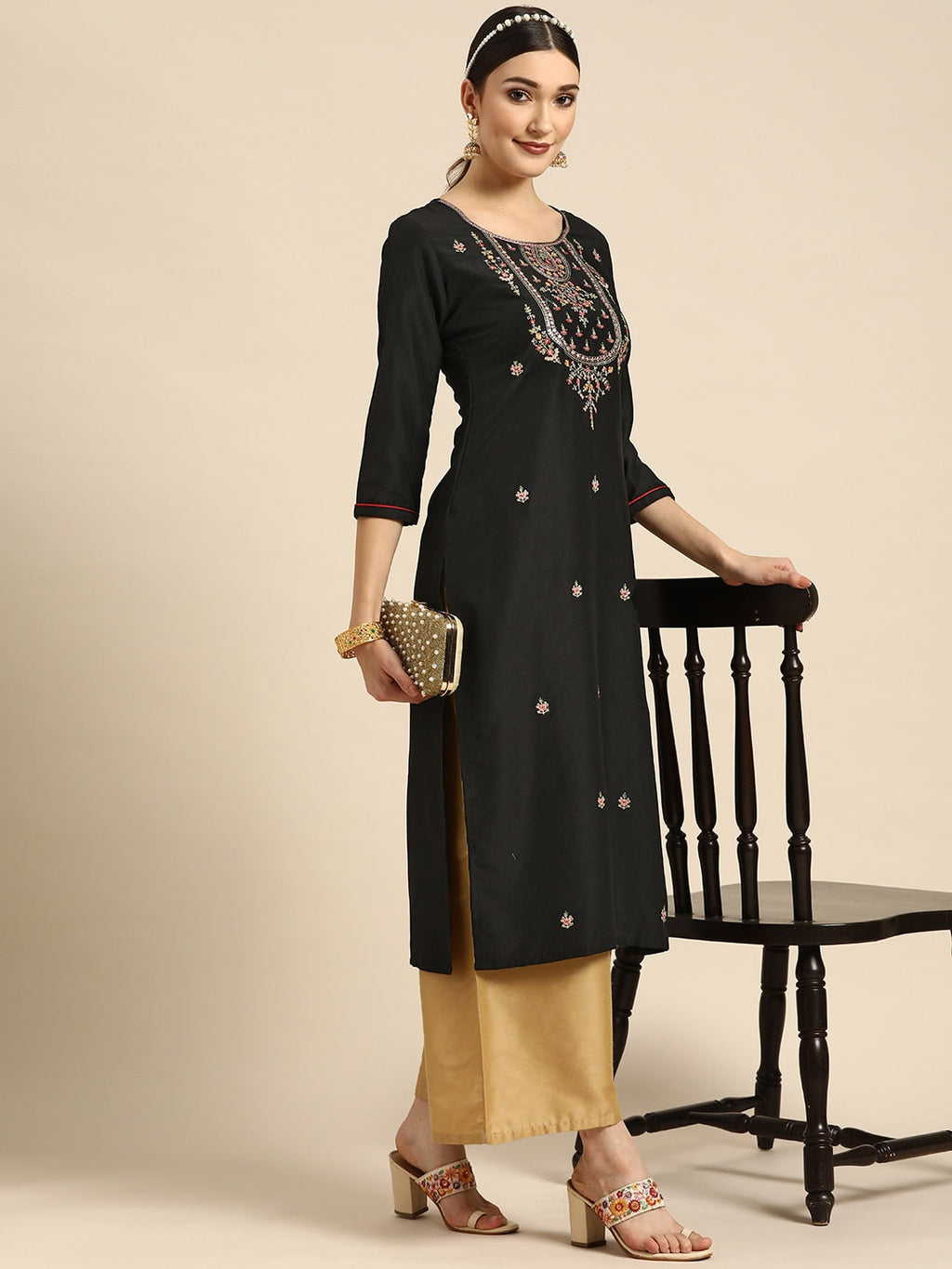 Sangria Women Black Ethnic Motifs Embroidered Floral Kurta | Grocsy