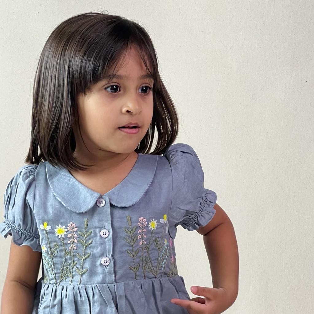 ArthLife Grey Flower Embroidered Dress | Grocsy