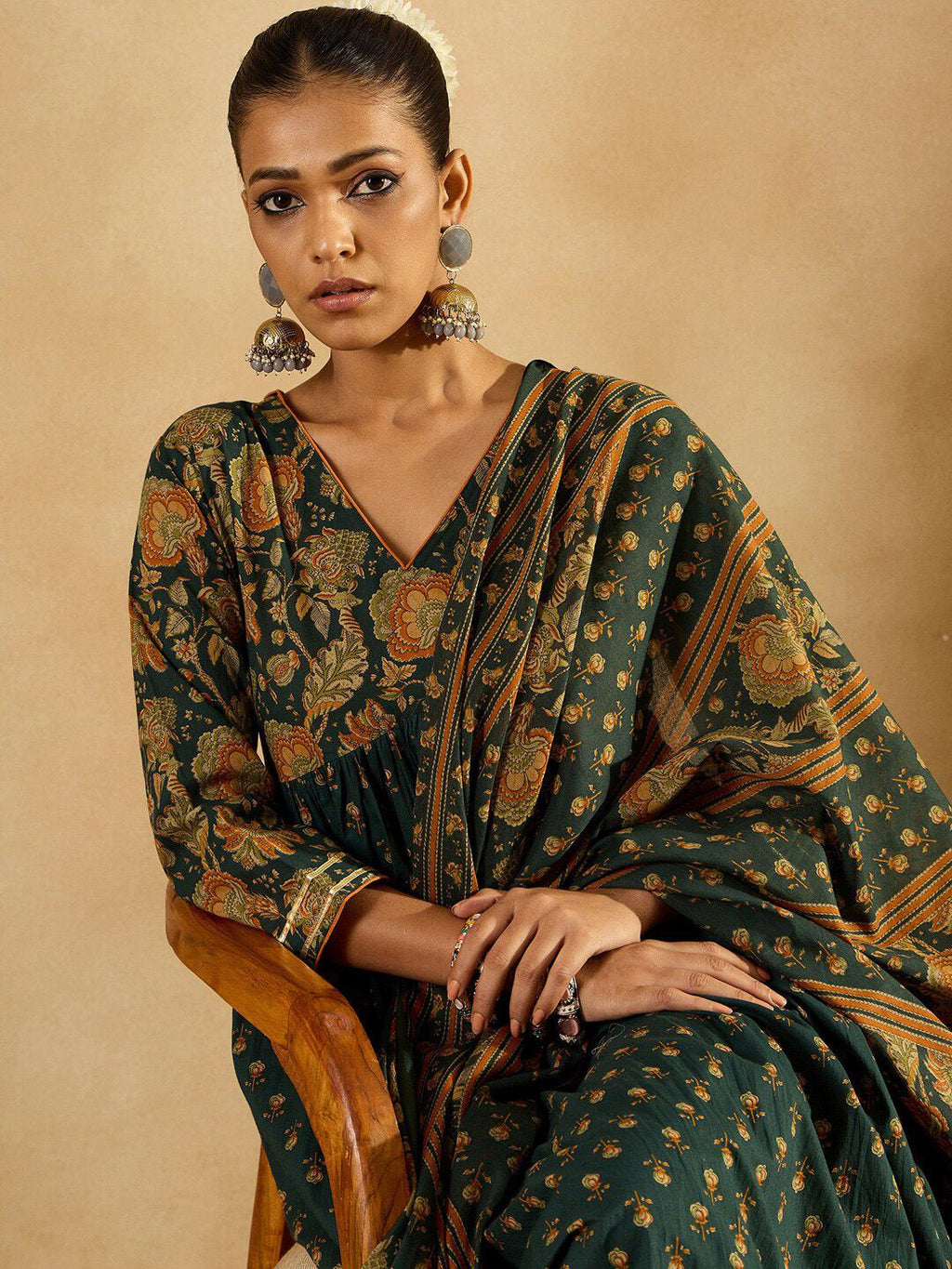 Indo Era Floral Printed Empire Pure Cotton A-Line Kurta With Trousers & Dupatta | Grocsy