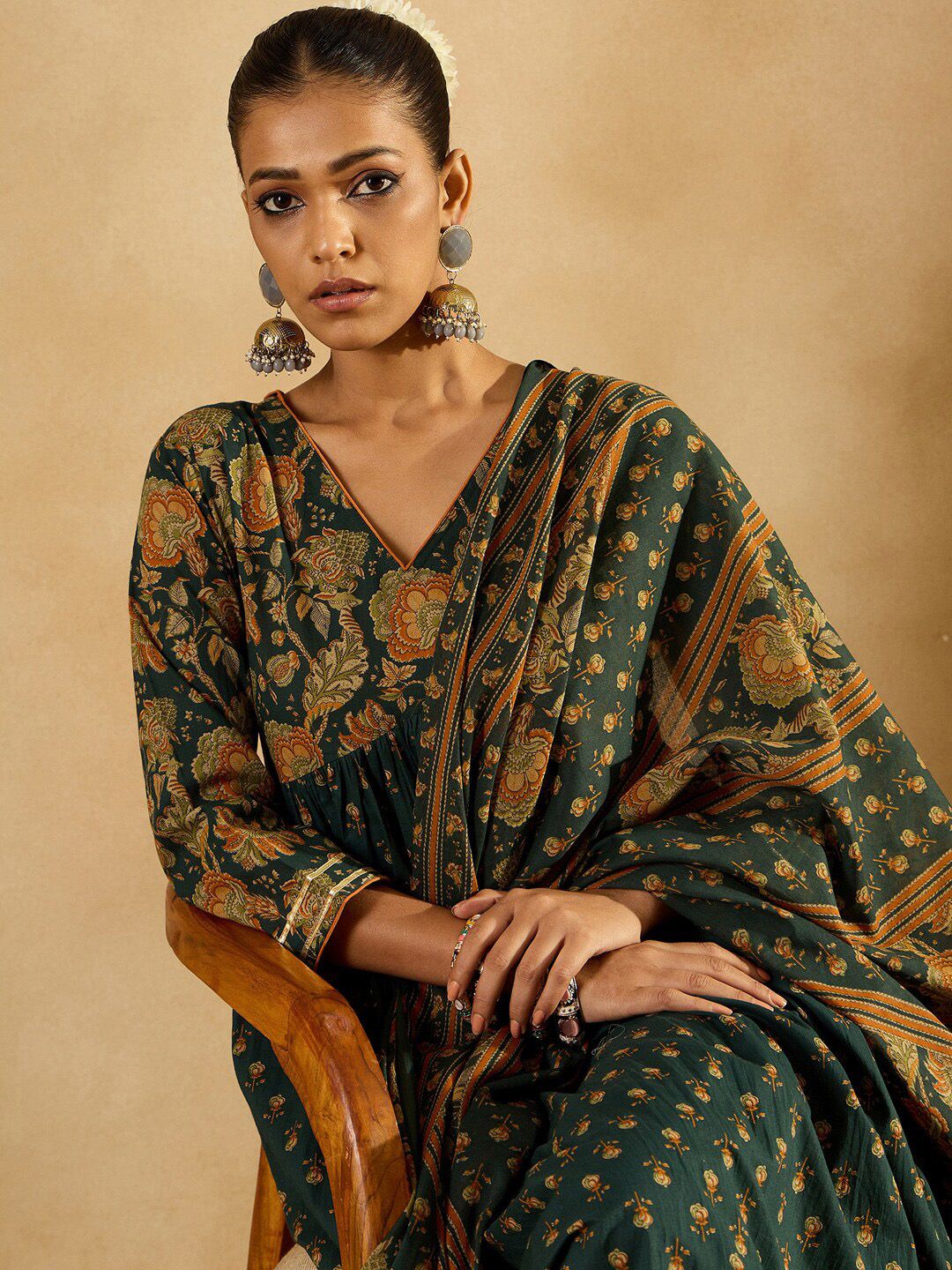 Indo Era Floral Printed Empire Pure Cotton A-Line Kurta With Trousers & Dupatta | Grocsy