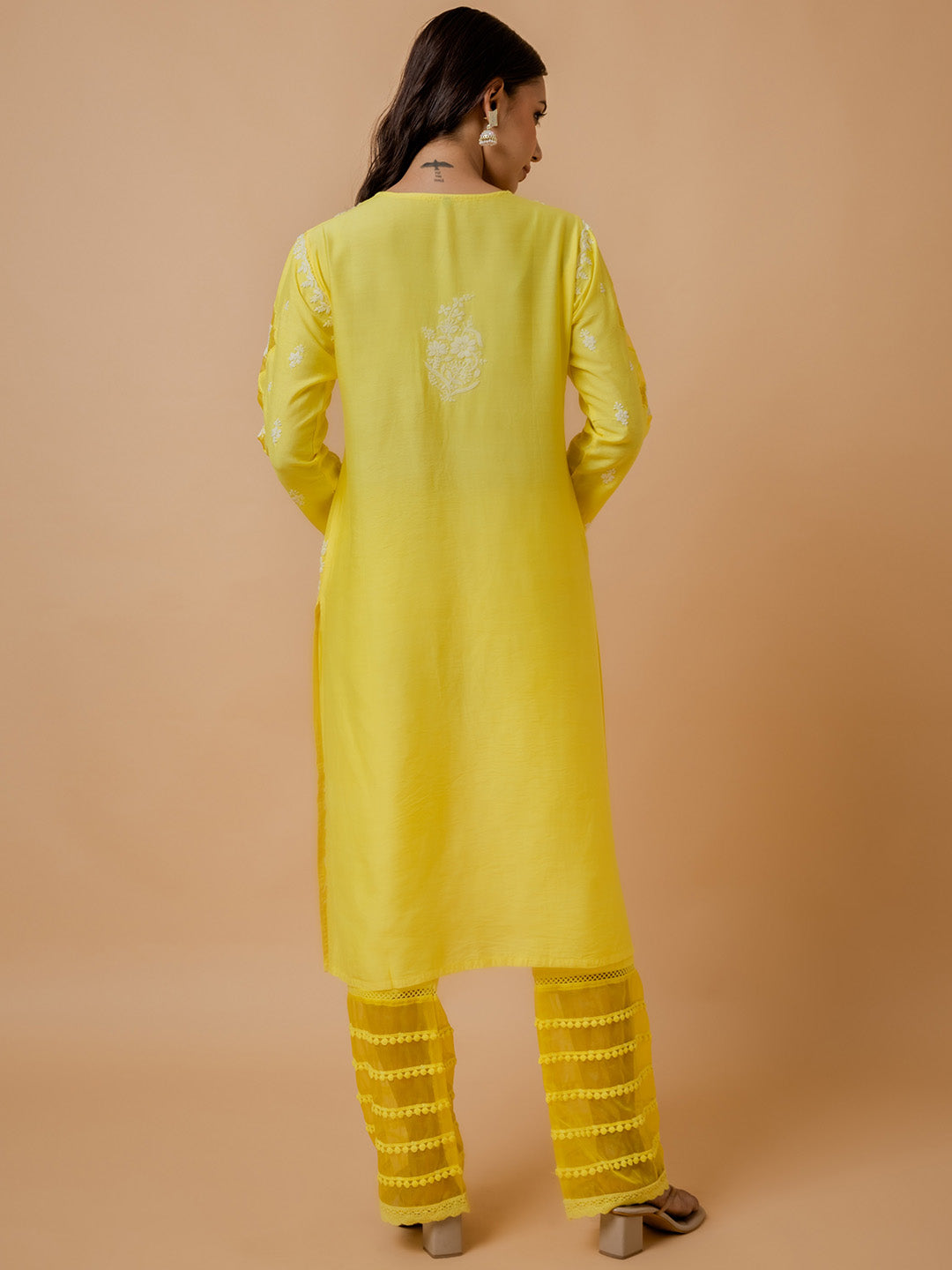 HOUSE OF KARI Ethnic Motifs Embroidered Round Neck Chikankari Chanderi Silk Kurta | Grocsy