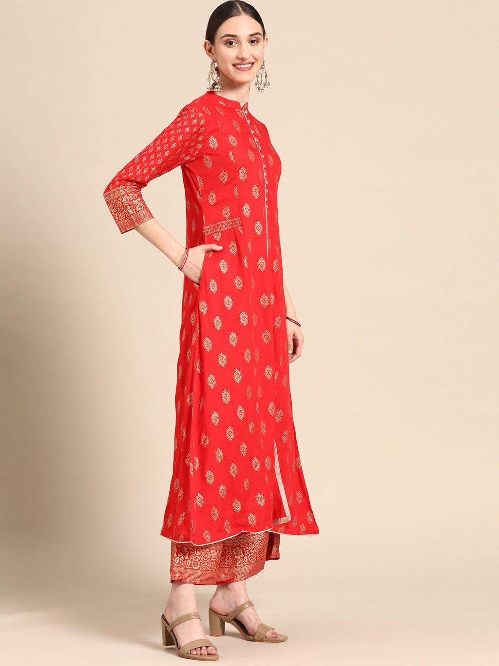 Sangria Women Red Ethnic Motifs Printed Kurta with Palazzos | Grocsy