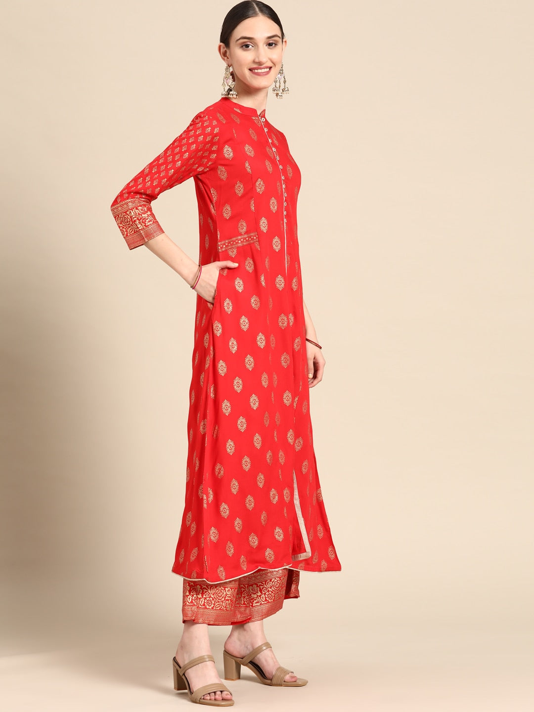 Sangria Women Red Ethnic Motifs Printed Kurta with Palazzos | Grocsy