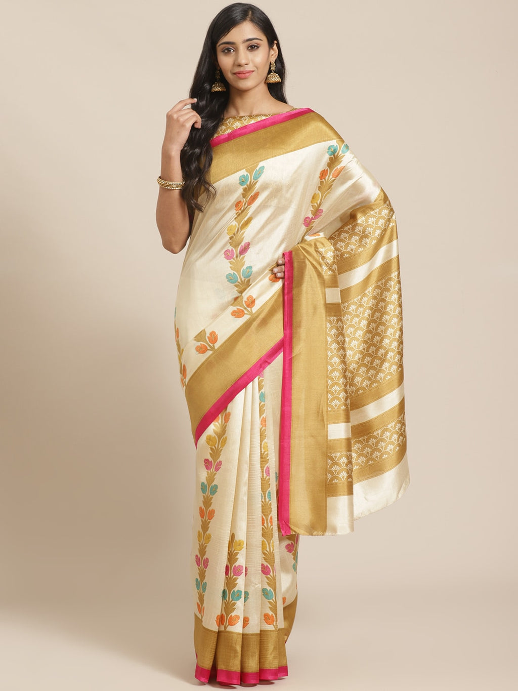 Saree Mall Beige & Pink Ethnic Motifs Print Saree | Grocsy