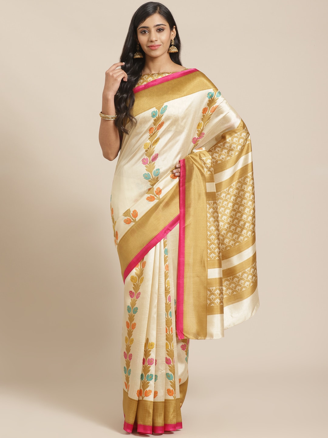 Saree Mall Beige & Pink Ethnic Motifs Print Saree | Grocsy