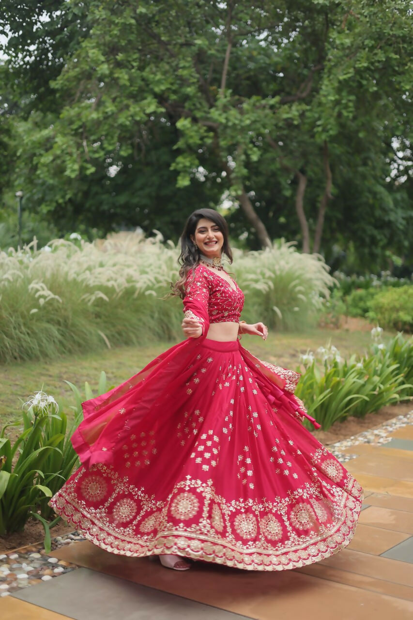 Vastranavya Designer Heavy Sequins & Thread Embroidered work Lehenga Choli - Red | Grocsy
