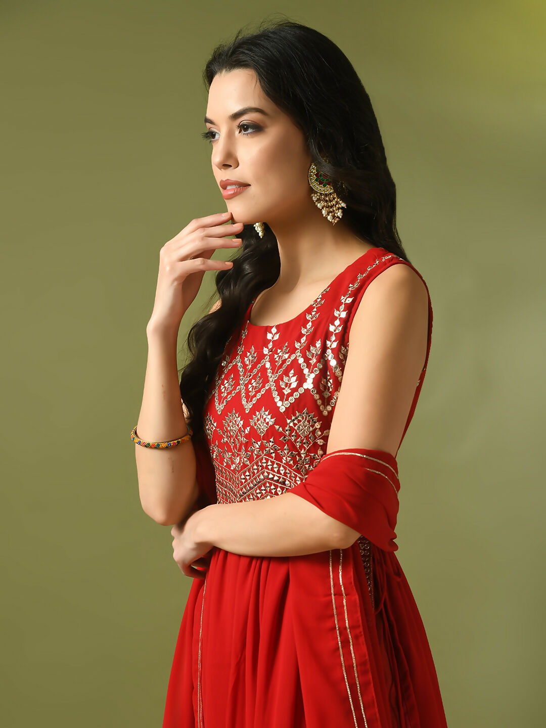 Myshka Women's Red Embroidered Georgette Anarkali Party Kurta Set | Grocsy
