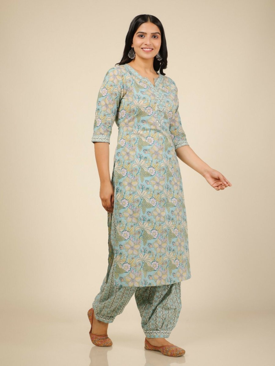 Aramya Blue Soft Cotton Floral Straight Kurta for Women | Grocsy