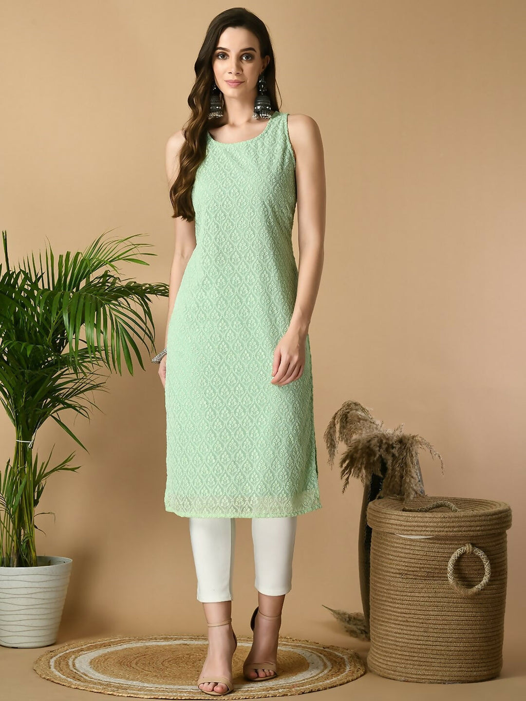 Myshka Women's Green Georgette Sleeveless Straight Party Kurta | Grocsy