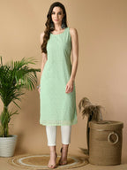 Myshka Women's Green Georgette Sleeveless Straight Party Kurta | Grocsy