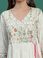 Sangria White Floral Embroidered Mirror Work Angarakha Kurta With Trousers & Dupatta | Grocsy