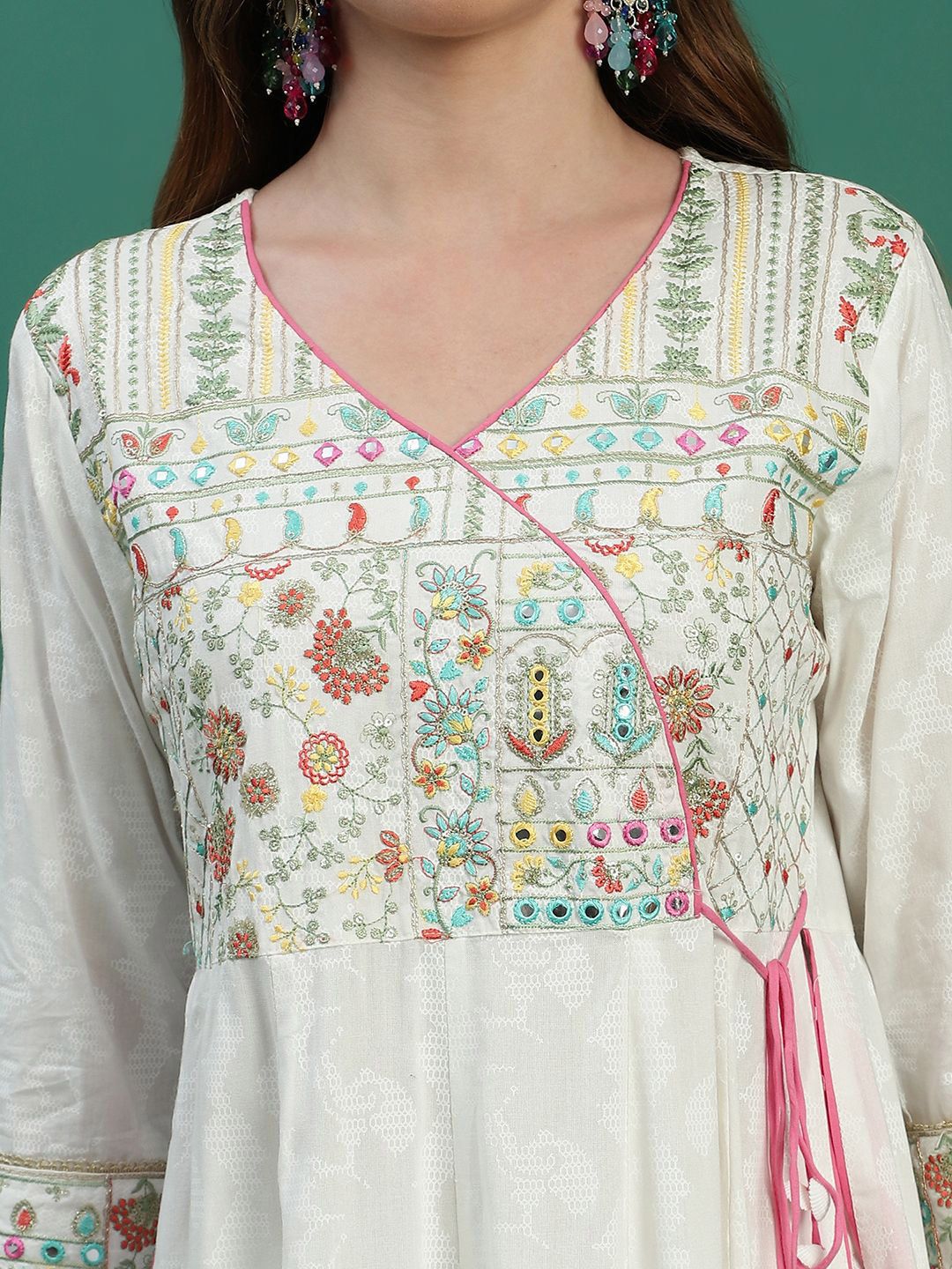 Sangria White Floral Embroidered Mirror Work Angarakha Kurta With Trousers & Dupatta | Grocsy