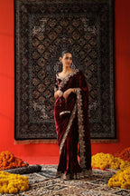 Vastranavya Designer Velvet Sequence & Zari Thread Embroidery work with border and Cutwork Saree - Wine | Grocsy