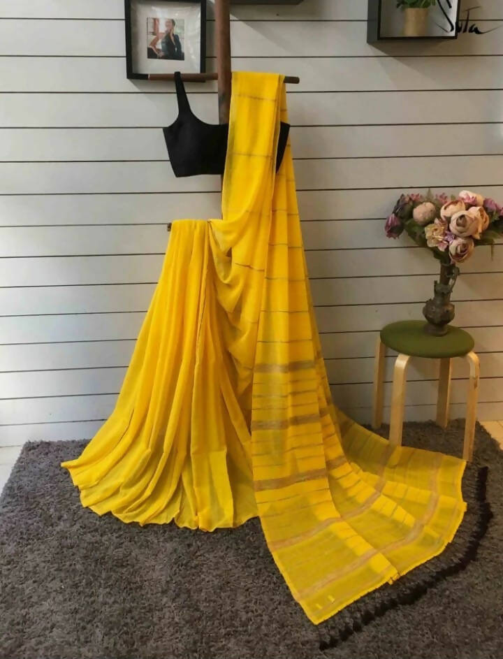 Exclusive Collection Khadi Cotton Handloom Khesh Saree With Blouse Piece - Yellow | Grocsy