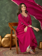 The52 Women's Gorgeous Embroidery Work Vichitra SIlk Fabric Flared Kurta Pant and Dupatta Set-Rani | Grocsy