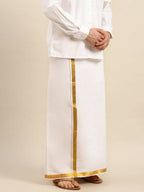 Ramraj Cotton Mens Pure Cotton 1 Inch Gold Jari Dhoti - White | Grocsy