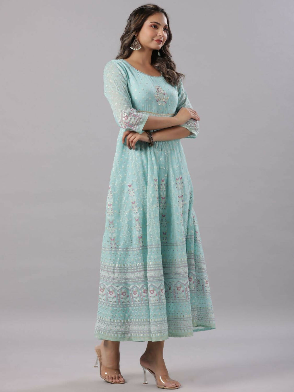 Juniper Women Sky Blue Chiffon Dobby Printed Maxi Dress | Grocsy