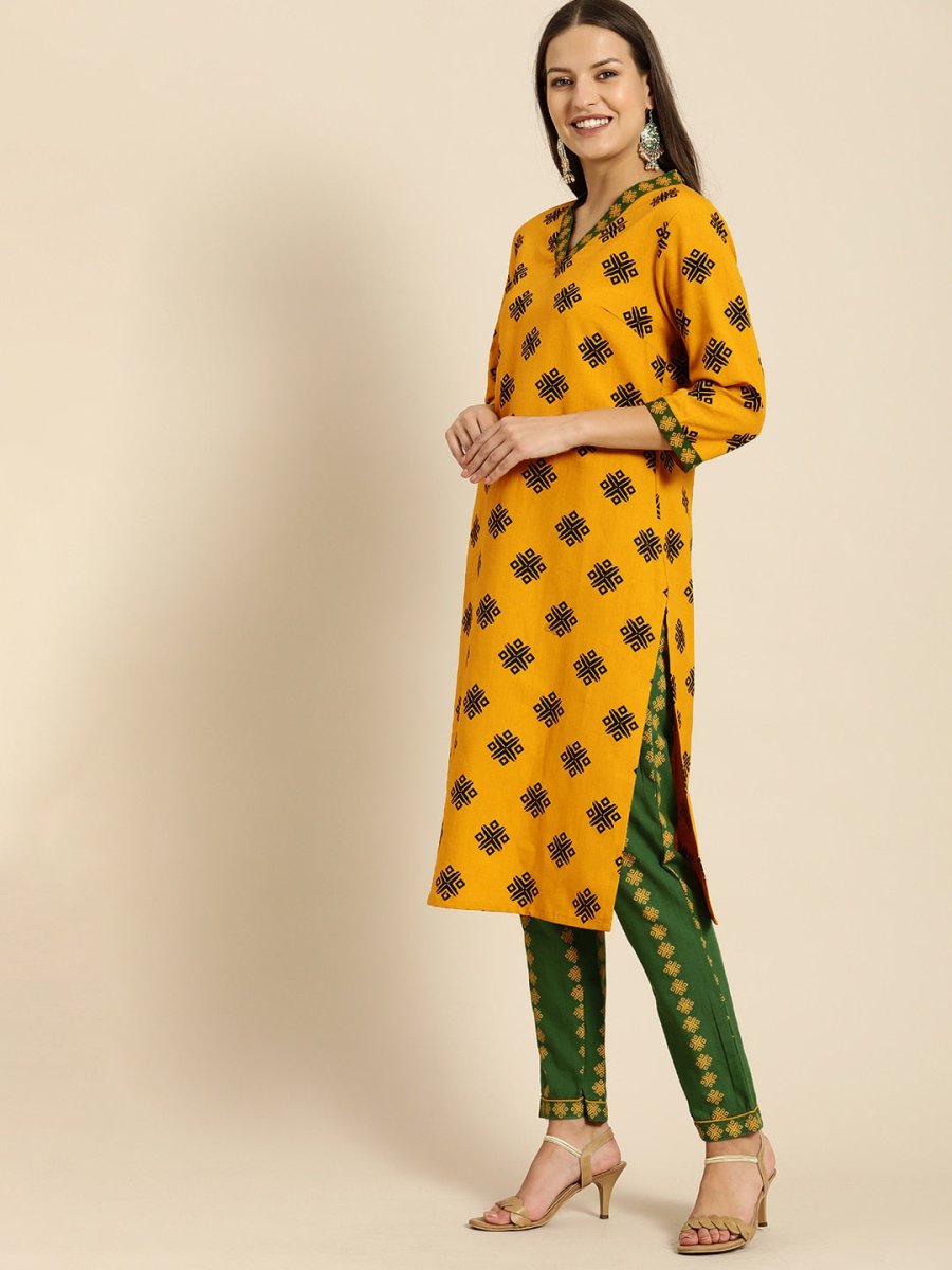 All About You Women Mustard Yellow Ethnic Motifs Printed Kurta with Green Printed Trousers | Grocsy