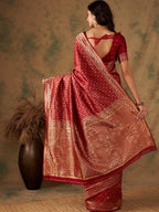 Sangria Red & Gold Toned Ethnic Motifs Woven Design Zari Banarasi Saree | Grocsy