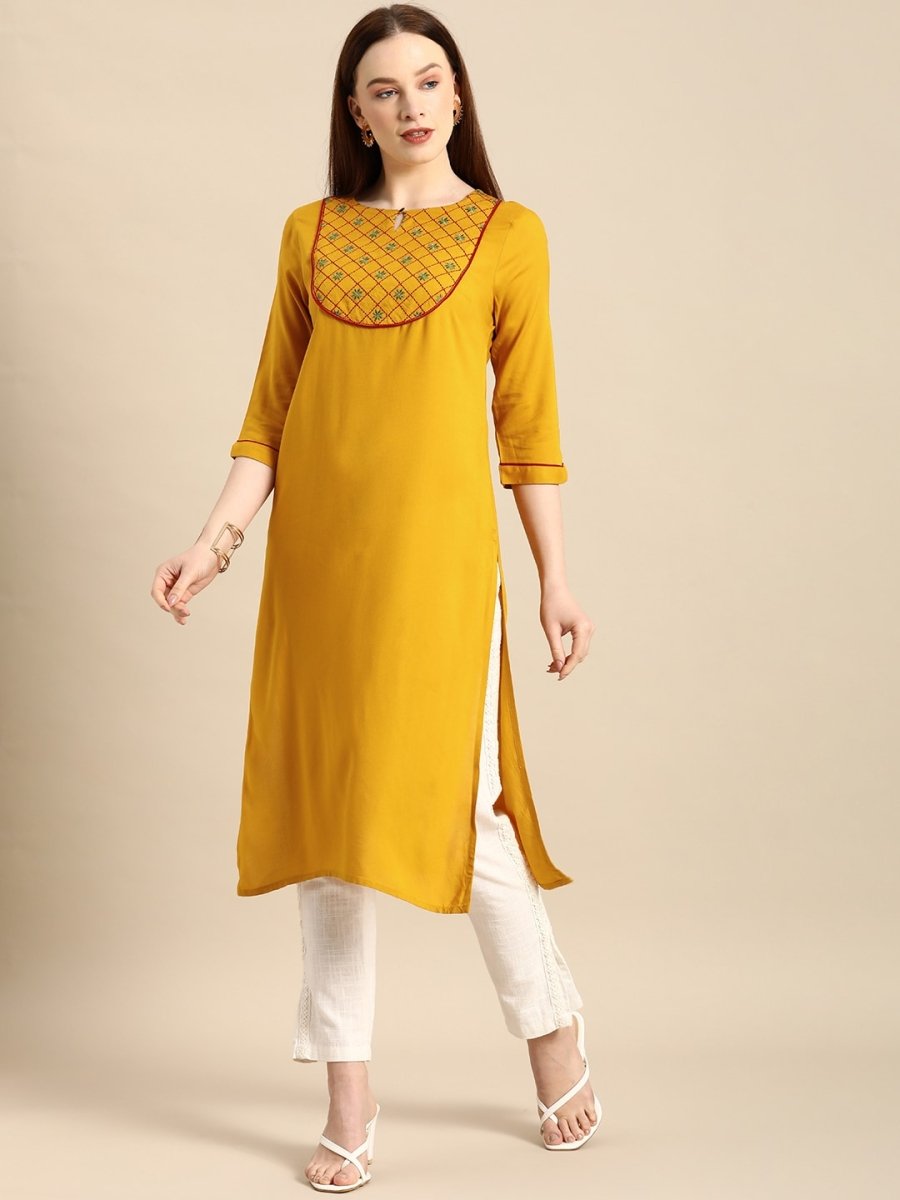 All About You Women Mustard Yellow Ethnic Motifs Yoke Design Keyhole Neck Straight Kurta | Grocsy